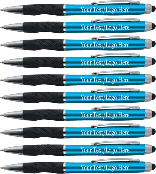 Personalized Pens With your Custom Logo or Text-300 Pack Bulk-for Businesses, Parties, and Events, 2 in 1 Ballpoint Pen + Capacitive Stylus for Touchscreen Devices, L'Blue Barrel, Blue Ink
