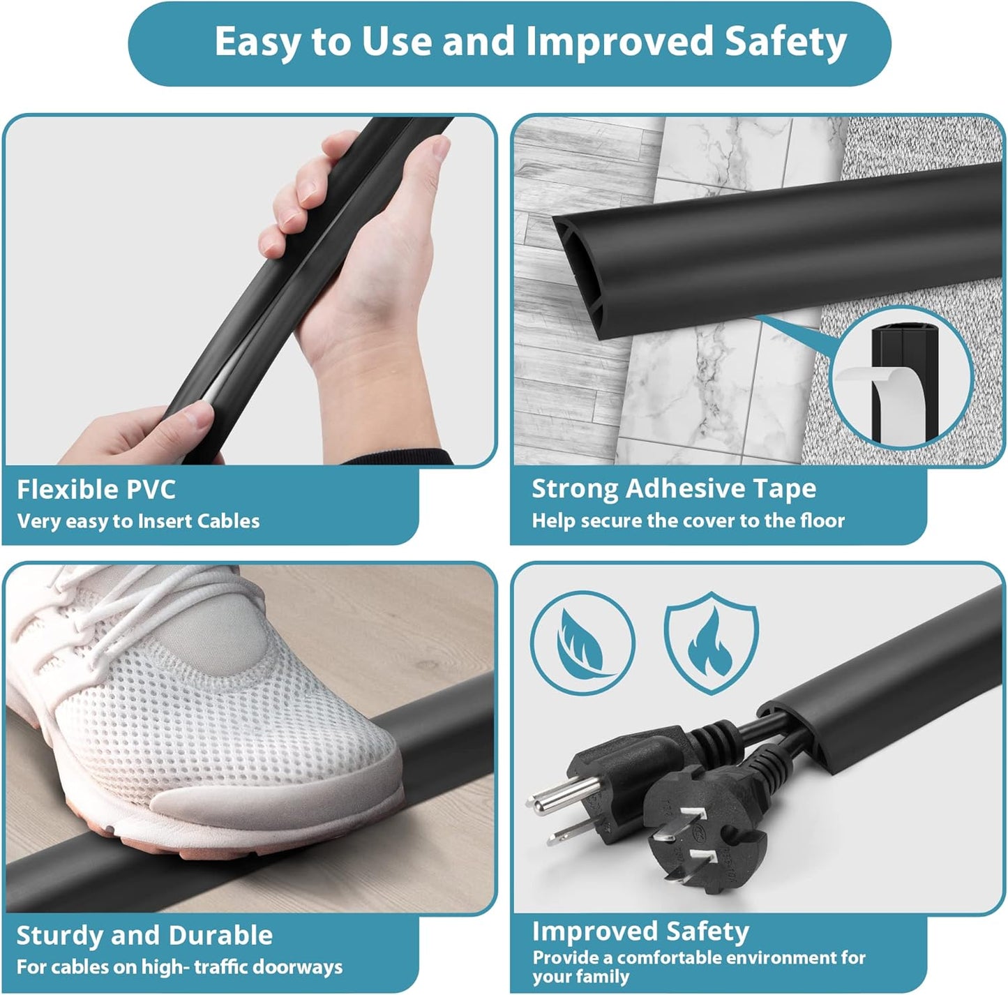 Floor Cable Cover 3ft White, LZEOY Cord Covers for Wires on Floor, Cord Hider Floor Cable Management, Extension Cord Floor Cover Low Profile, Floor Cord Cover for Office/Carpet/Floor