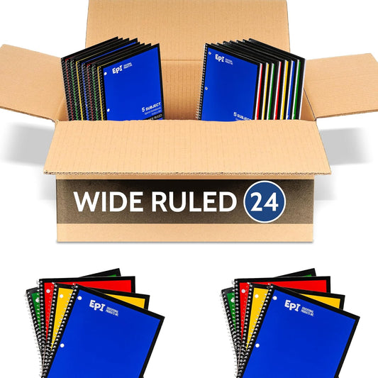 EPI Spiral Notebook | 5 Subject - Wide Ruled - 180 Sheets, Durable Spiral Binding | 10.5 x 8 in | Classroom Supplies | School, Office, Note Taking, Journaling - 24 Pack