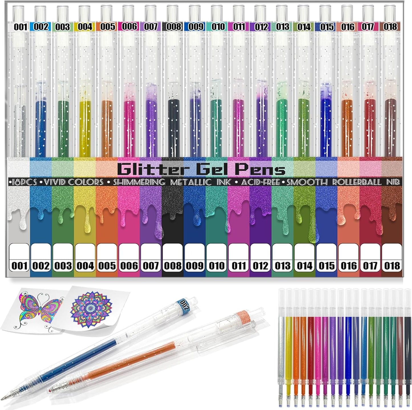 Glitter Pens 18 Colors with 18 Extra Refills, Retractable Metallic Colored Gel Pens for Adult, Vibrant Sparkle Glitter Gel Pens Suitable for Coloring Books Doodling Drawing Journaling