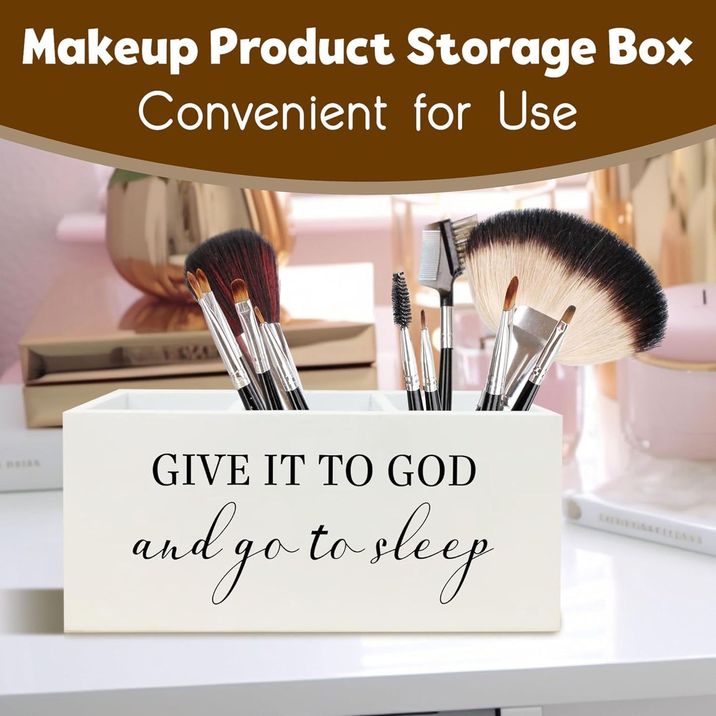 Give it To God and Go To Sleep Christian Sign Pen Holder for Bedroom Decor Desk Shelf, Prayer Sign Christian Gifts for Women Religion Decor Wooden Pencil Organizer