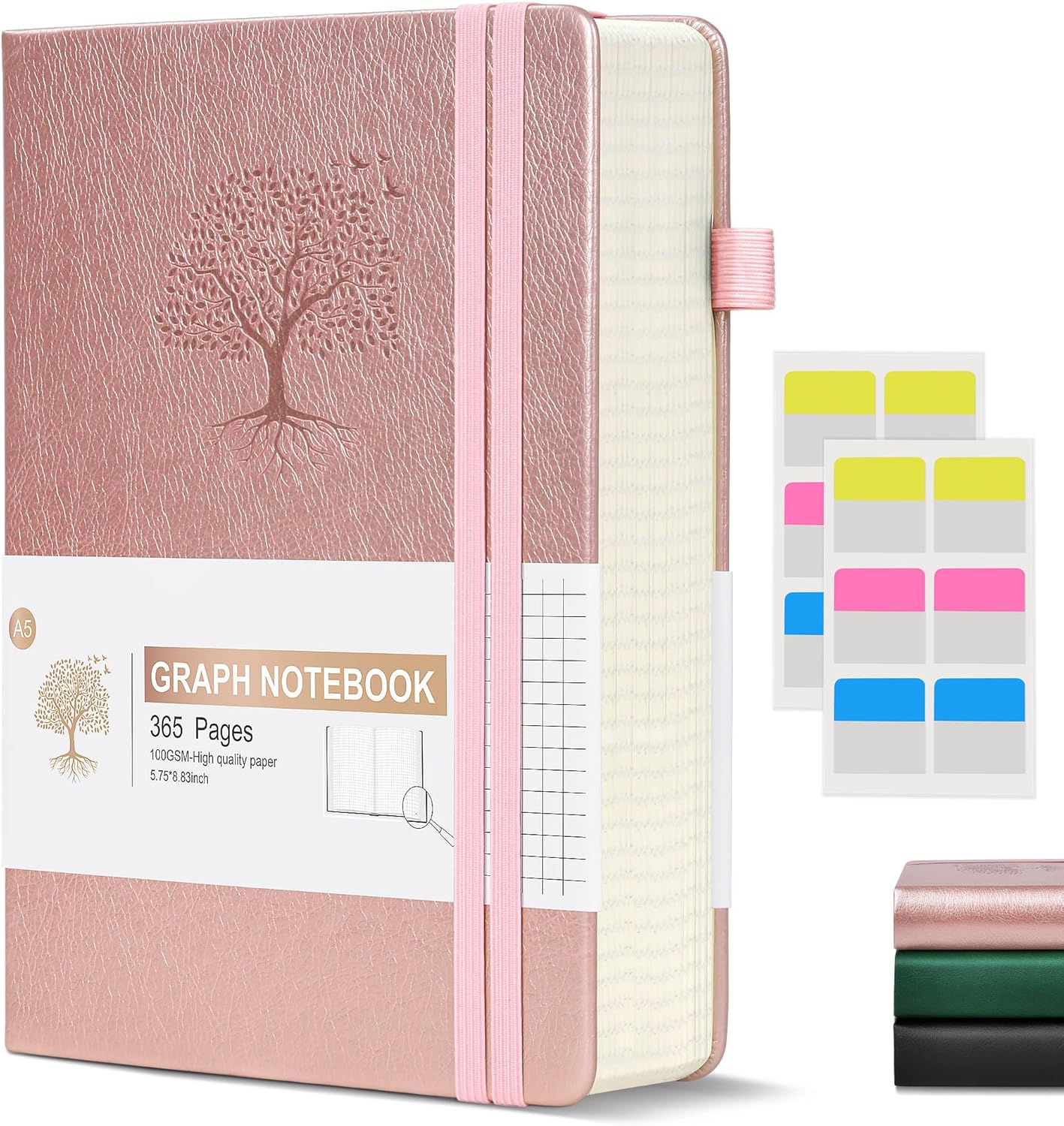 Graph Paper Notebook Journal, 360 Numbered Pages Grid Notebooks, Thick 100gsm Graphing Paper Notebook for Women Men, A5 Large Hardcover Leather Graph Journals for Writing Math 5.75'' × 8.38'' Pink