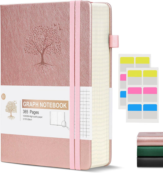 Graph Paper Notebook Journal, 360 Numbered Pages Grid Notebooks, Thick 100gsm Graphing Paper Notebook for Women Men, A5 Large Hardcover Leather Graph Journals for Writing Math 5.75'' × 8.38'' Pink