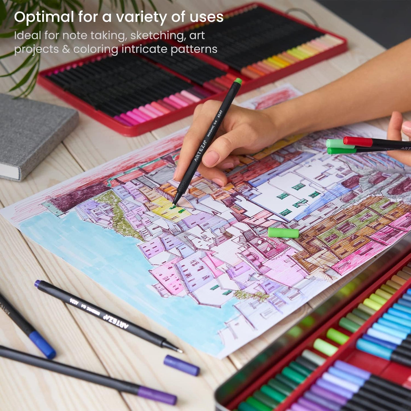 ARTEZA Inkonic Fineliners Pens, Set of 120, 0.4 mm Fine Tip Markers, Water-Based Art Pens for Drawing, Sketching, Journaling, Calligraphy