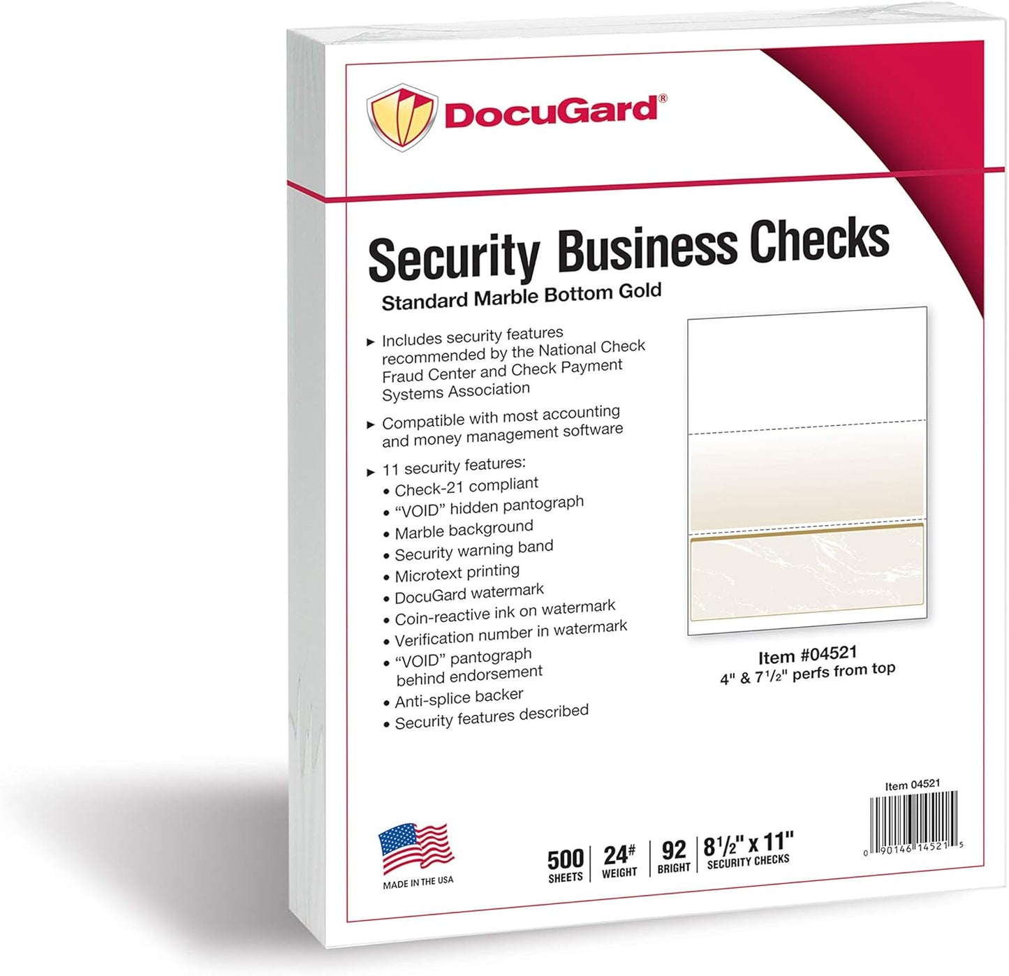 DocuGard Standard Gold Marble Bottom High Security Check Paper - Laser/Inkjet Printer Compatible - 11 Security Features - 500 Blank Business Checks (04521)