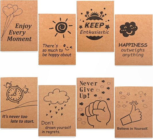 feela 8 Pack Cute Kraft Notebooks, 8 Designs Mini Pocket A6 Notebook Journal Notepad, Lined Small Motivation Blank Journal Bulk for Women Kids Students Gift School Supplies, 4.1X5.8 in, 80 Pages