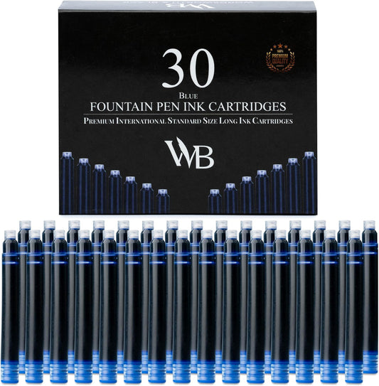 Wordsworth & Black 30 Pack Fountain Pen Ink Refills - Set of 30 Blue Ink Cartridges - International Standard Size - Length APPR 2.3" - Base Diameter APPR 0.24" - Disposable and Generic