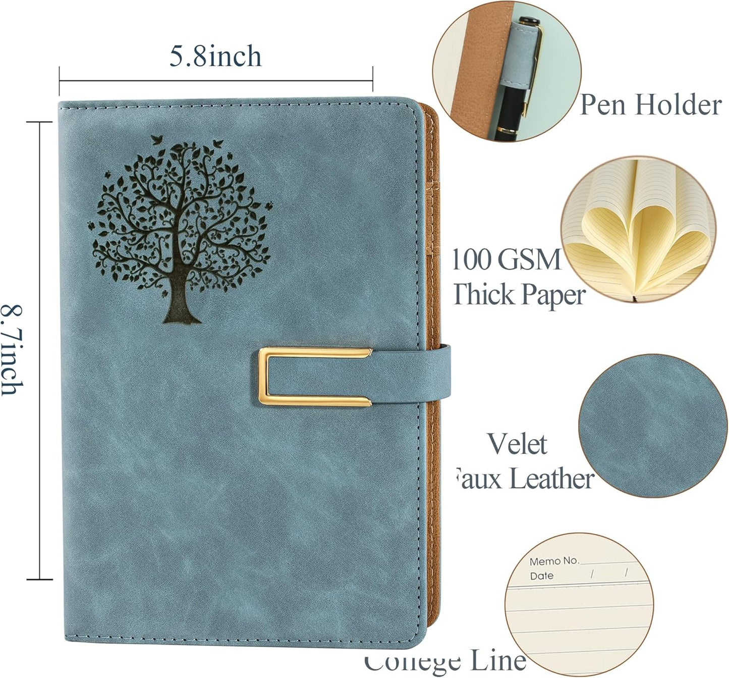 Fanery Sue Tree of Life Refillable Writing Journal for Women&Men Faux Leather Hardcover Notebook A5 College Ruled 200 Lined Pages Lay-Flat Diary with Pen&Magnetic Buckle (Tree of Life-Light Blue)