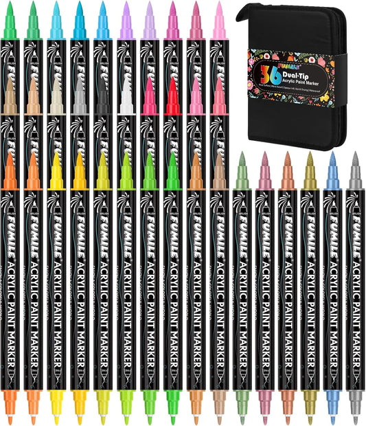 FUMILE 36 Colors Acrylic Paint Markers Dual Tip(Fine and Brush Tip), Acrylic Paint Pens paint Marker for Wood, Rock, Plastic, Glass, Ceramic, Canvas.Acrylic Markers Set for DIY Crafts and Art.