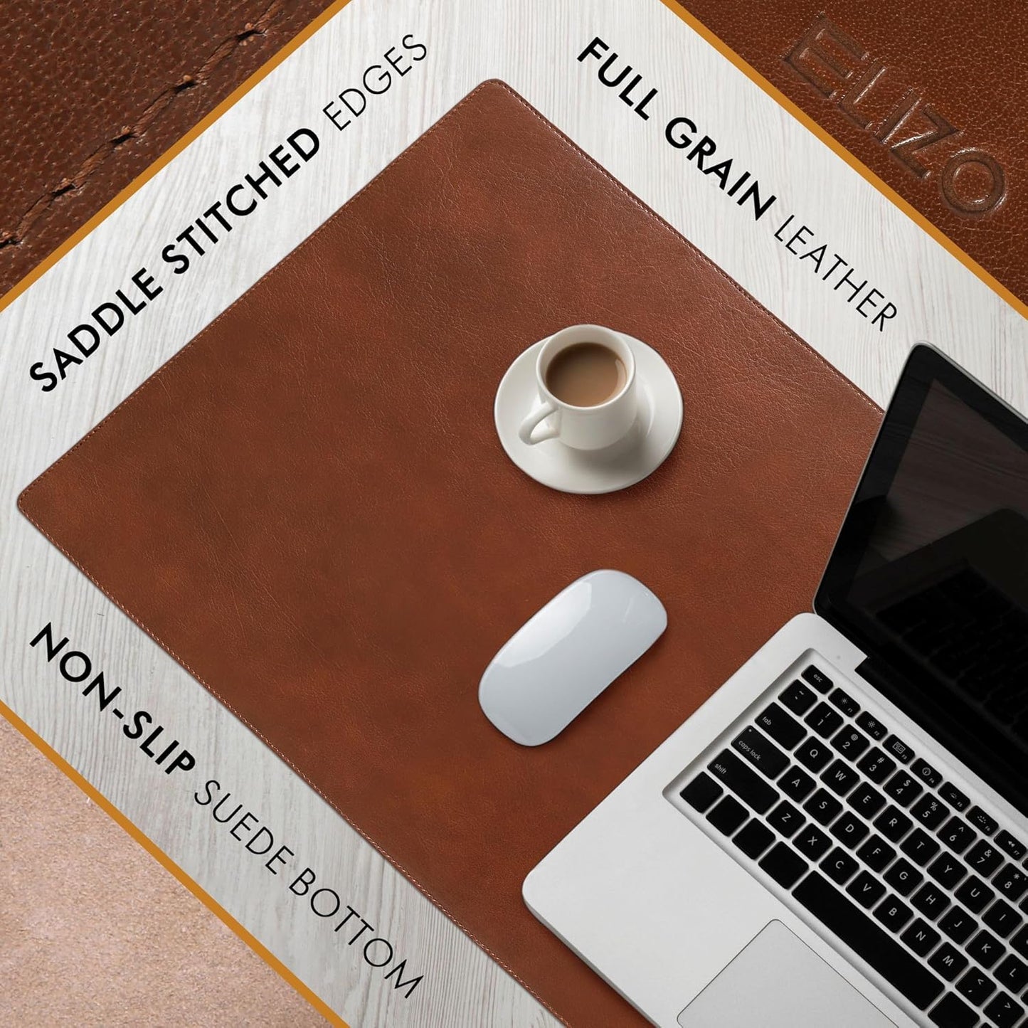 Elizo Leather Desk Mat Desk Pad Blotter Set - Real Full-Grain Leather (32x16) 2-Layer Genuine Desk Cover Protector & Large Mouse Pad | Computer Keyboard Desk Accessories for Office & Home