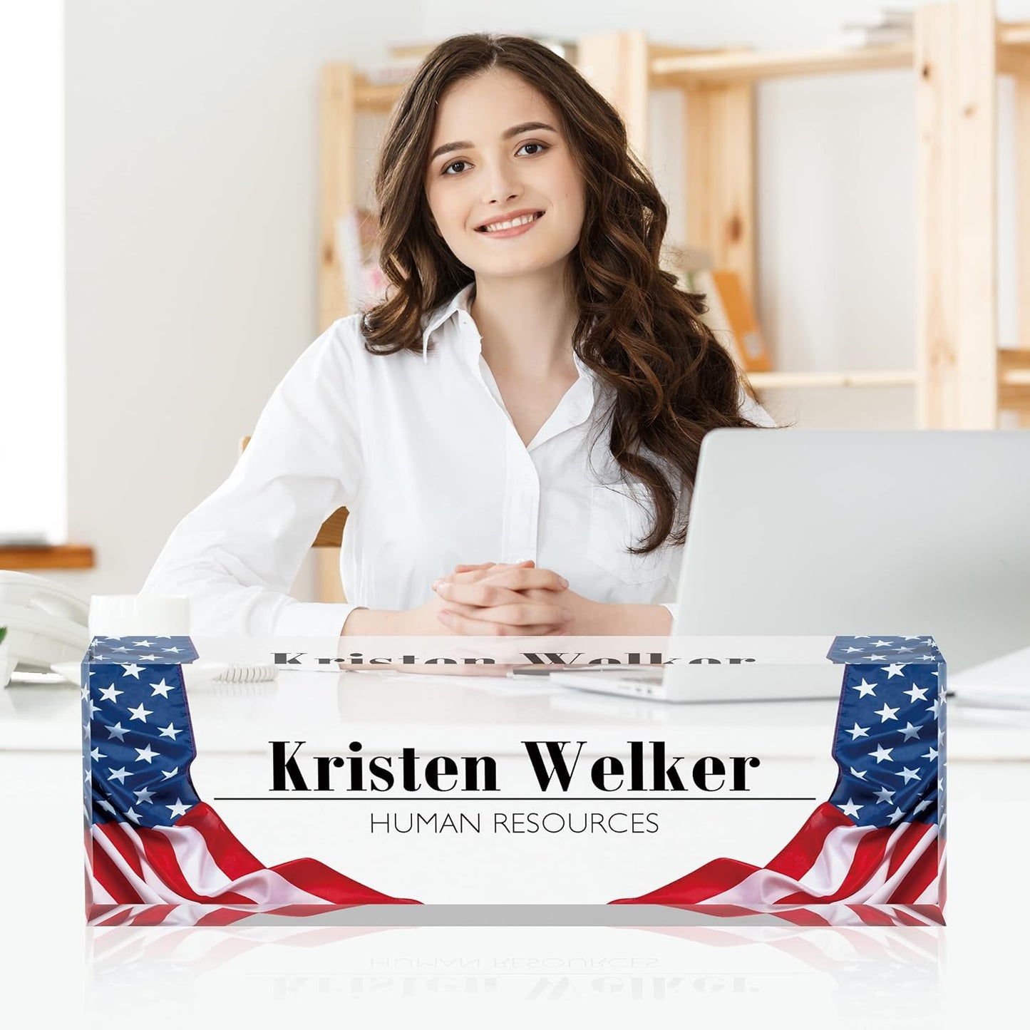 Flpoxzd Desk Name Plate Personalized, Custom Name Plates for Desks, Premium American Flag Acrylic Desk Name Plate, Office Desk Decor for Women or Men Coworkers, Boss, Employee, Teacher (Flag2)