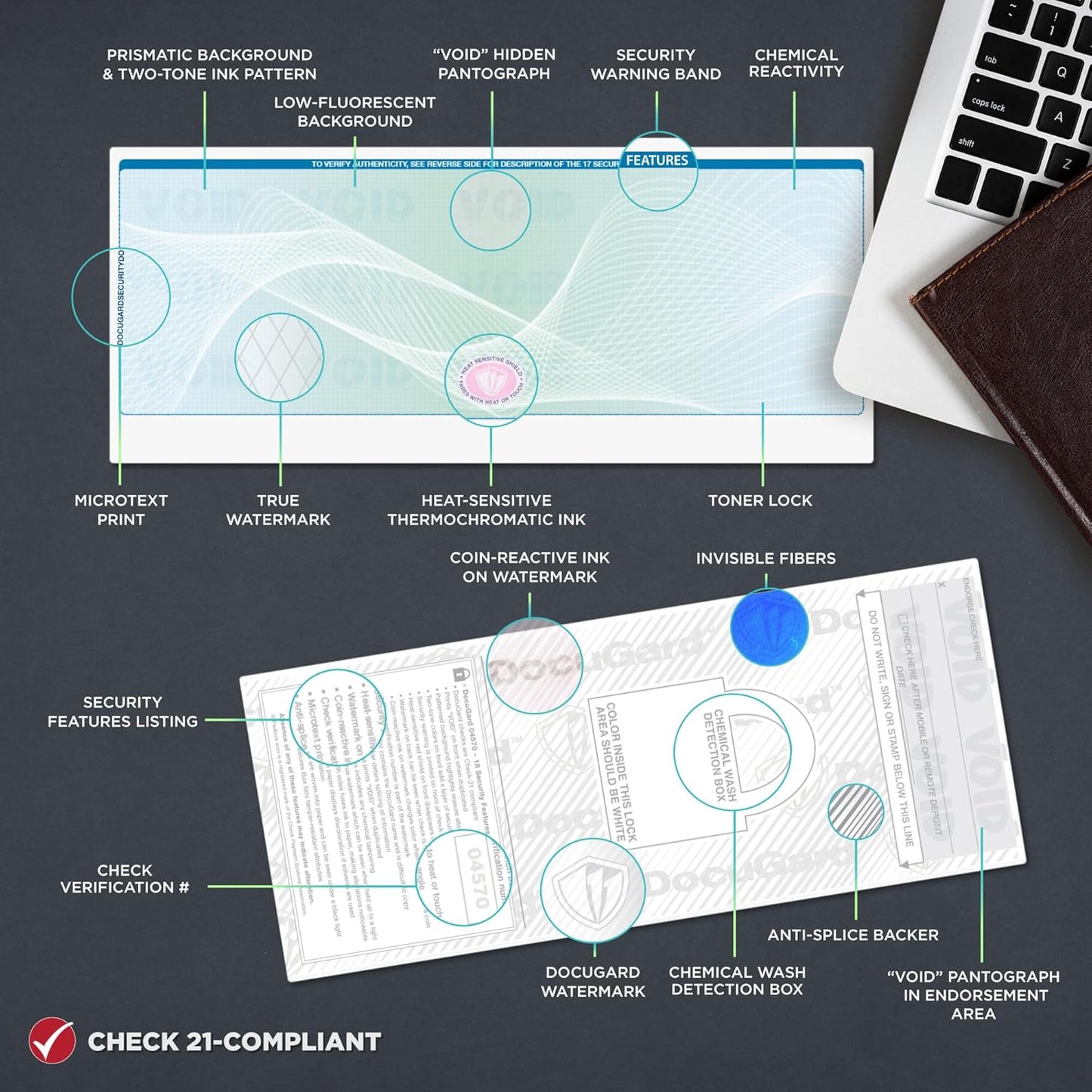 DocuGard Blue/Green Premier Prismatic Top High Security Check Paper - New - 17 Security Features - Laser/Inkjet Printer Compatible - 500 Blank Business Checks (04570)