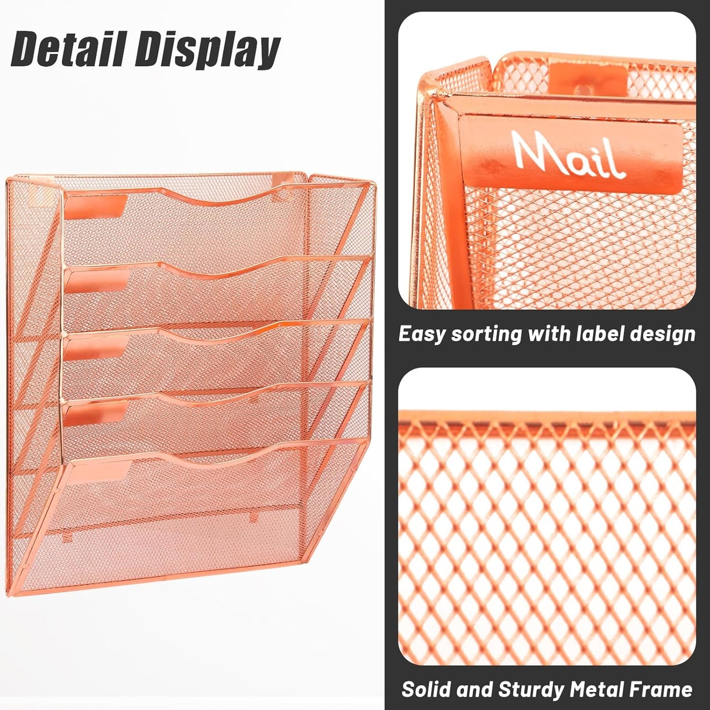 EASEPRES 5 Pocket Mesh Hanging Wall File Organizer, Wall Mounted Mail Paper Document Folder Holder, Clipboard Storage Organization Magazine Rack with Nametag Label for Office Home School, Rose Gold
