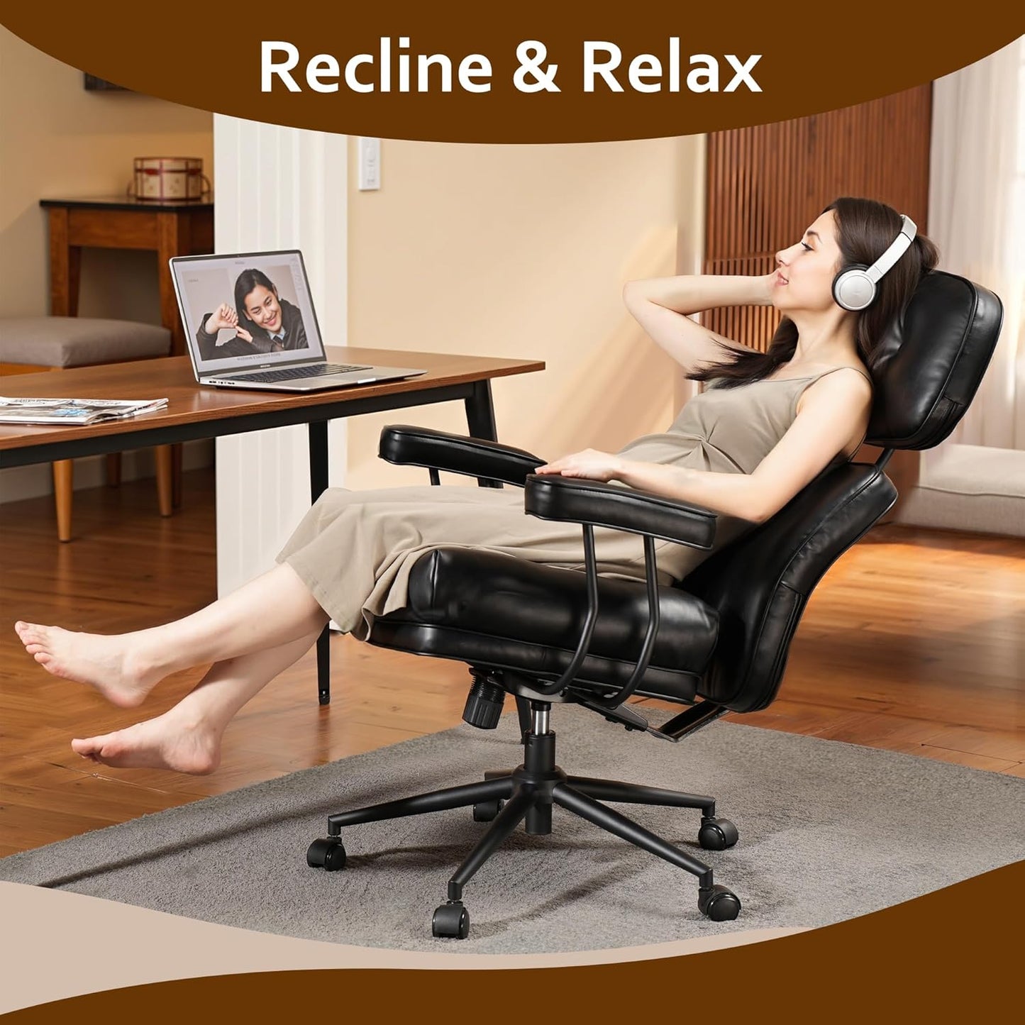 Faux Leather Executive Office Chair - Big and Tall Ergonomic Home Office Chair,Reclining Computer Desk Chair with Lumbar Support,Adjustable Task Chair Swivel Rolling PC Chair with Wheels,Black,PU