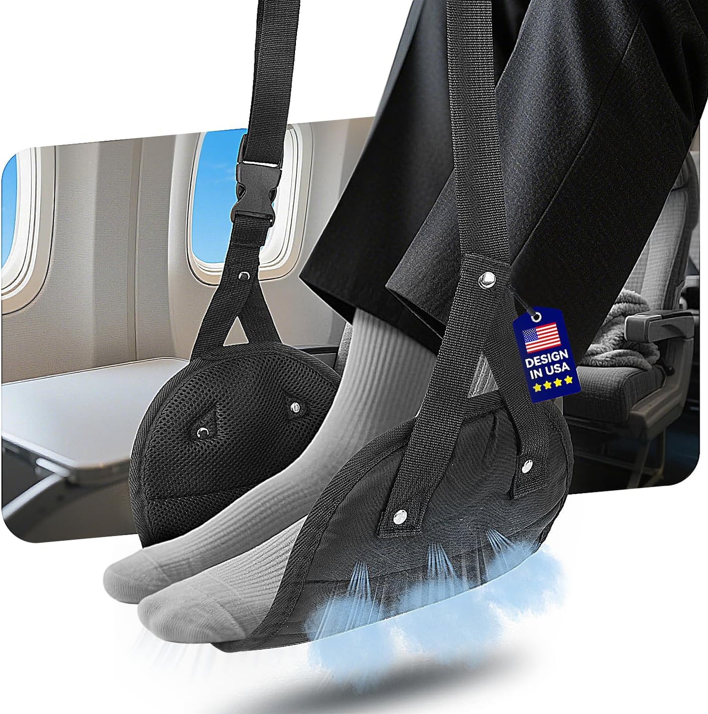 Ergonomic Airplane Foot Hammock(Memory Foam)-Ultimate Comfort Foot Hammock for Plane Travel Essentials to Relax Your Feet, Portable Airplane Foot Rest with Adjustable Strap, Perfect for Long Flight