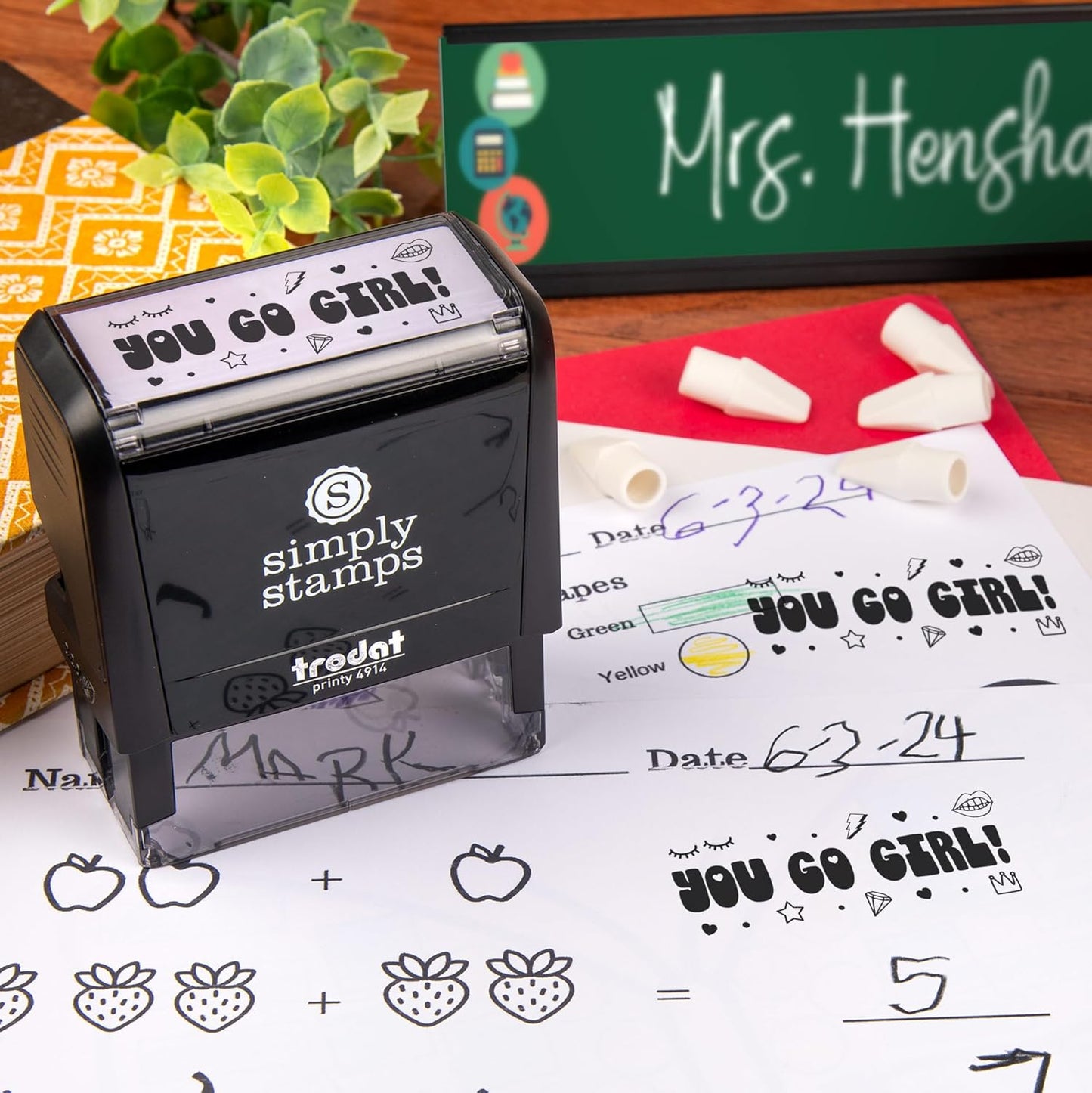 Custom Self-Inking Teacher Stamps | 49 Designs | Fun Teacher Phrases | Grading Made Easy | Classroom, Teacher and Library Book Stamps (You Go Girl!, Xtra Wide)