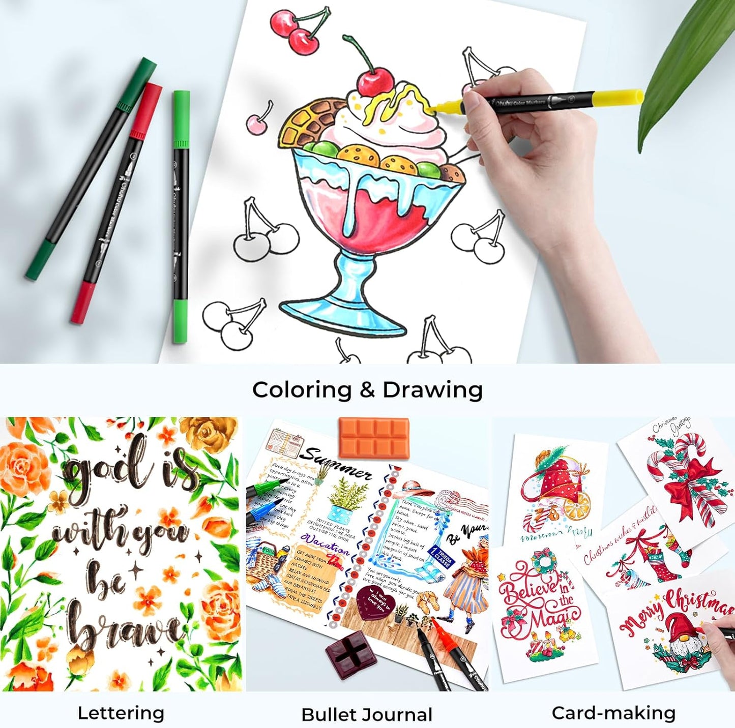 Ohuhu Markers for Adult Coloring Books: 100 Colors Brush Pens Dual Brush Fine Tip Drawing Pens Water-Based Coloring Markers for Calligraphy Bullet Journal with Carrying Case - Maui - Black