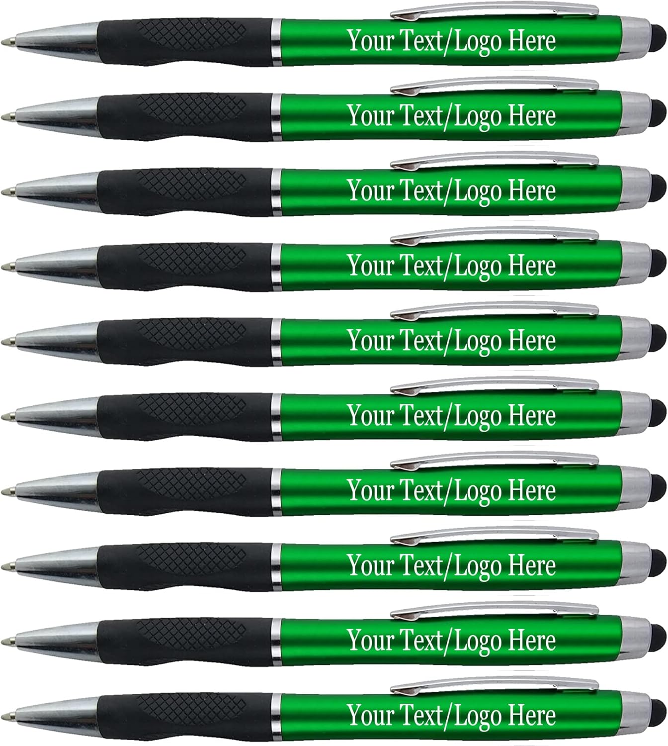 Personalized Stylus Pens With your Custom Logo or Text -300 Pack Bulk-for Businesses, Parties, and Events, 2 in 1 Ballpoint Pen + Capacitive Stylus for Touchscreen Devices, Green Barrel, Blue Ink