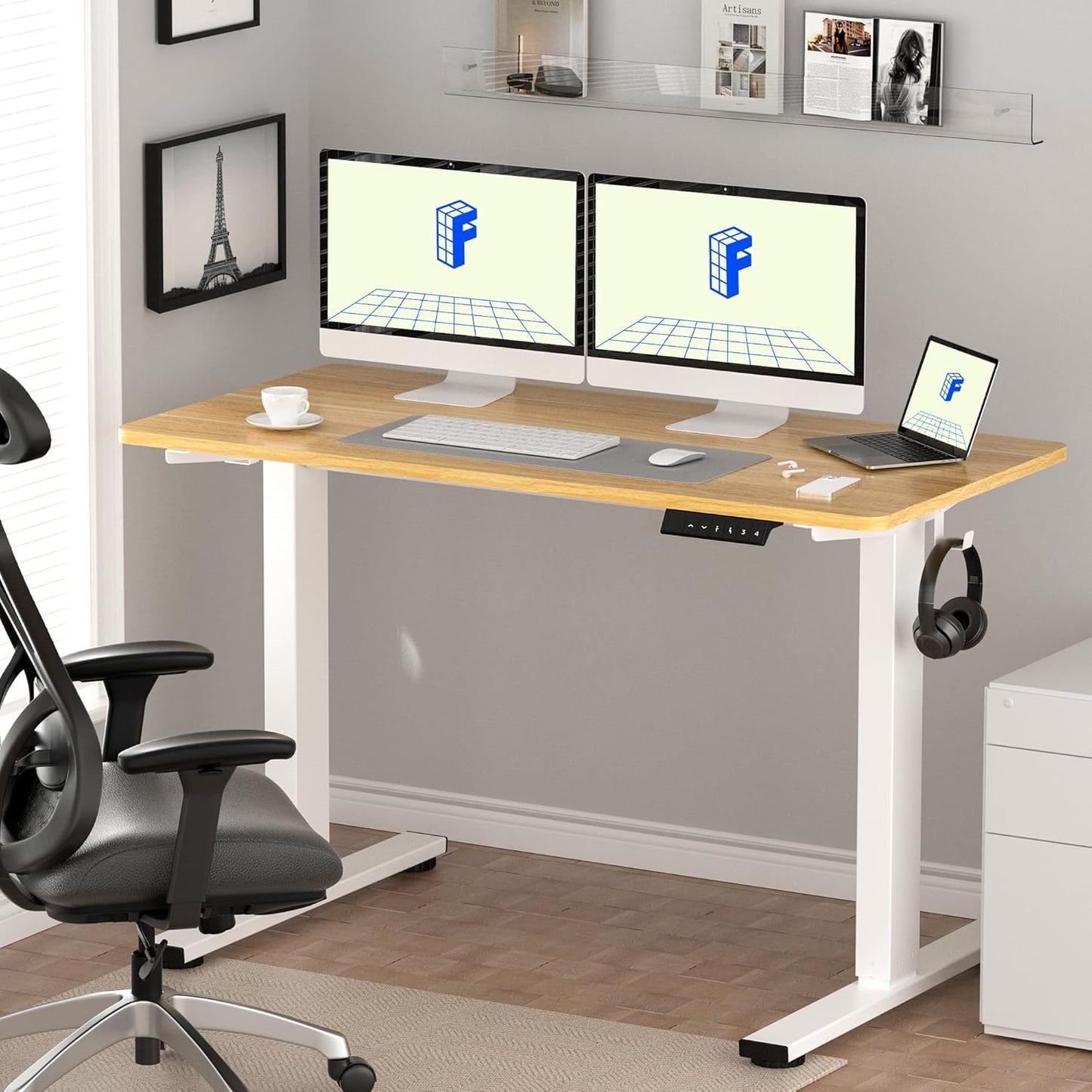 FLEXISPOT EN1 One-Piece Standing Desk, 60x24 Inches Large Electric Height Adjustable Sit Stand up Desk for Home Office (White Frame + Maple Desktop, 2 Packages)