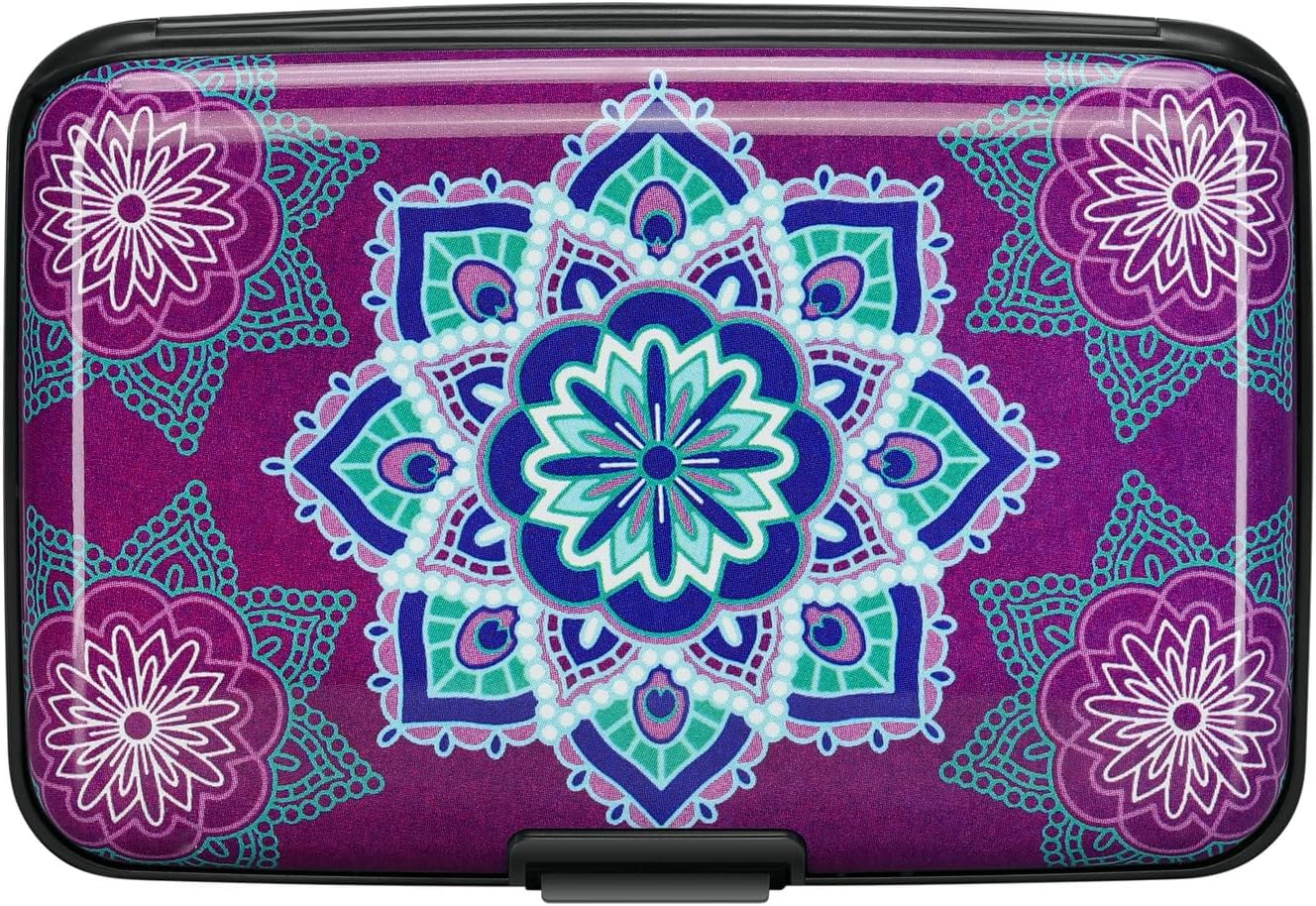 ELFISH Mini RFID Aluminum Wallet Credit Cards Holder Business Card Case Metal ID Case for Men Women (Purple flower)