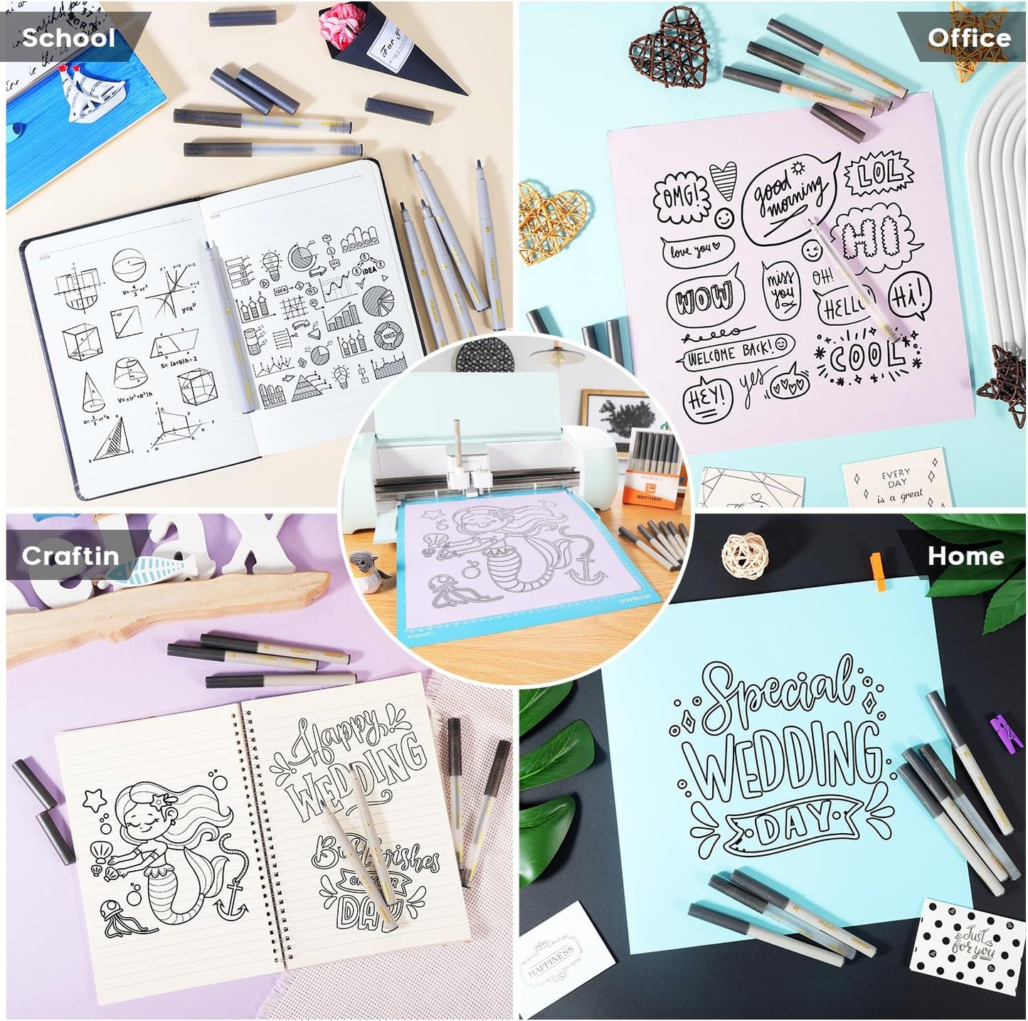 DOOHALO Metallic Grey Black Pens Compatible with Cricut Maker 3/4 Explore2/ 3/Air1.0/0.8/2.0/2.5 Variety Point Tips Gel Glitter Markers for drawing Writing