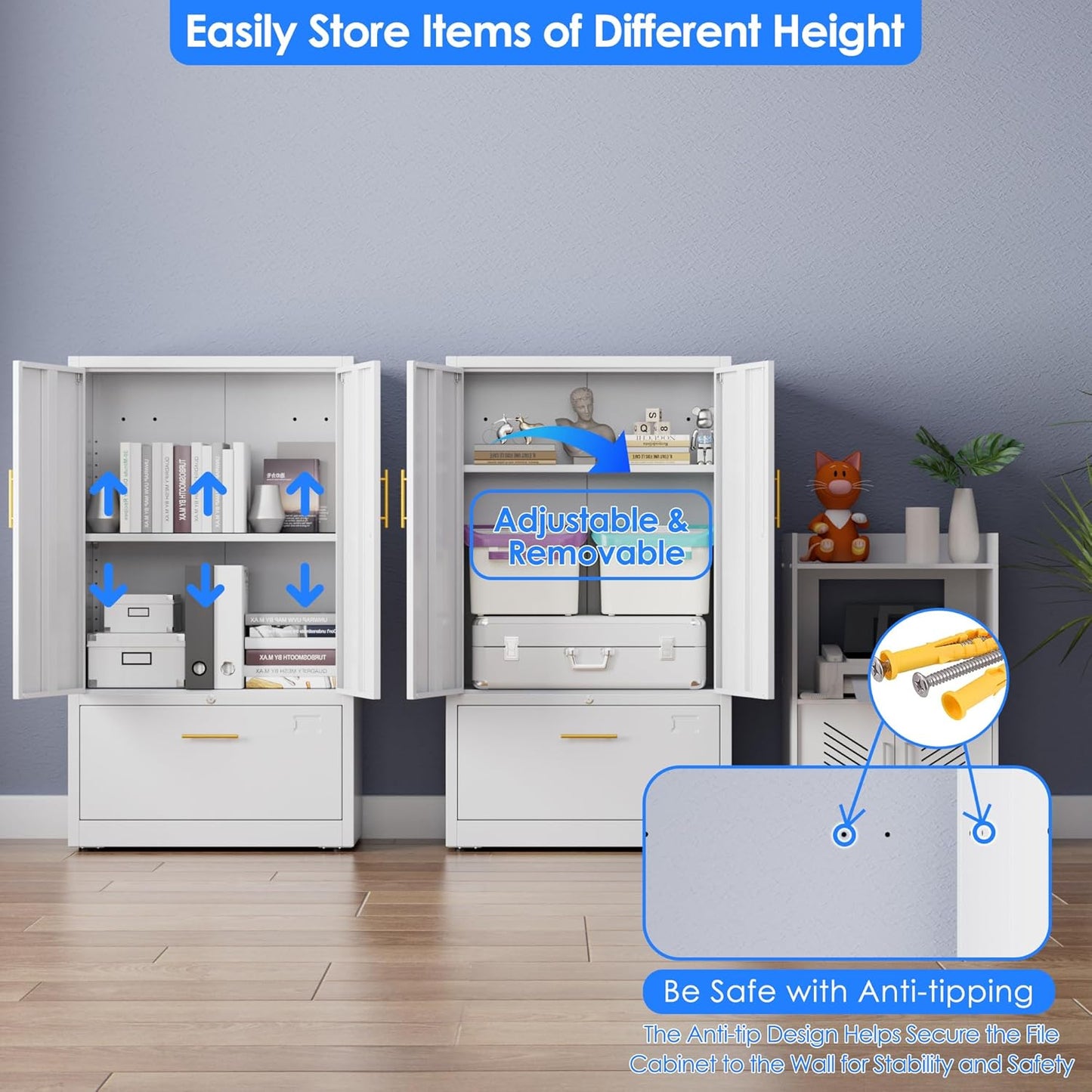 1 Drawer Lateral File Cabinet with Lock, Metal Filing Storage Cabinet with Locking Doors and Adjustable Shelf for Home, Office, School, Fits A4/Letter/Legal Size Folders, White