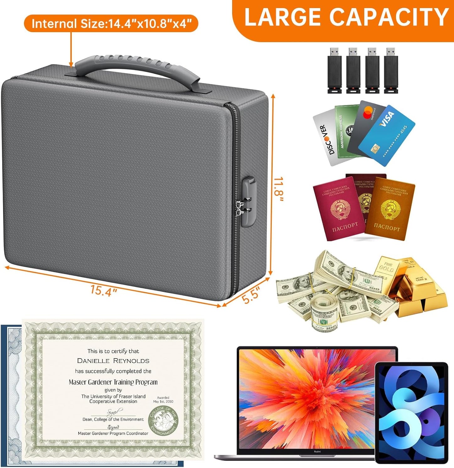 ENGPOW Fireproof Document Box, Hard Case File Box with Fireproof Zipper＆Lock, 6400°F Heat Insulated Fire and Water Resistant File Organizer Storage Safe for Important Documents Laptop Cash, Gray