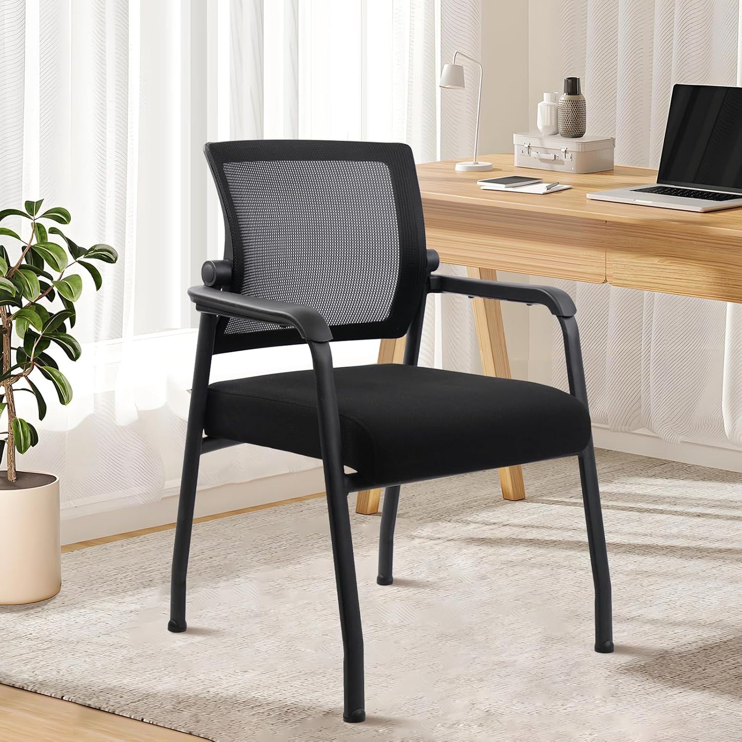 Desk Chair No Wheels with Adjustable Mesh Backrest, Arm Chair with Ergonomic Lumbar Support and Thickened Seats Cushion, Waiting Room Chairs for Office School Church Guest Reception