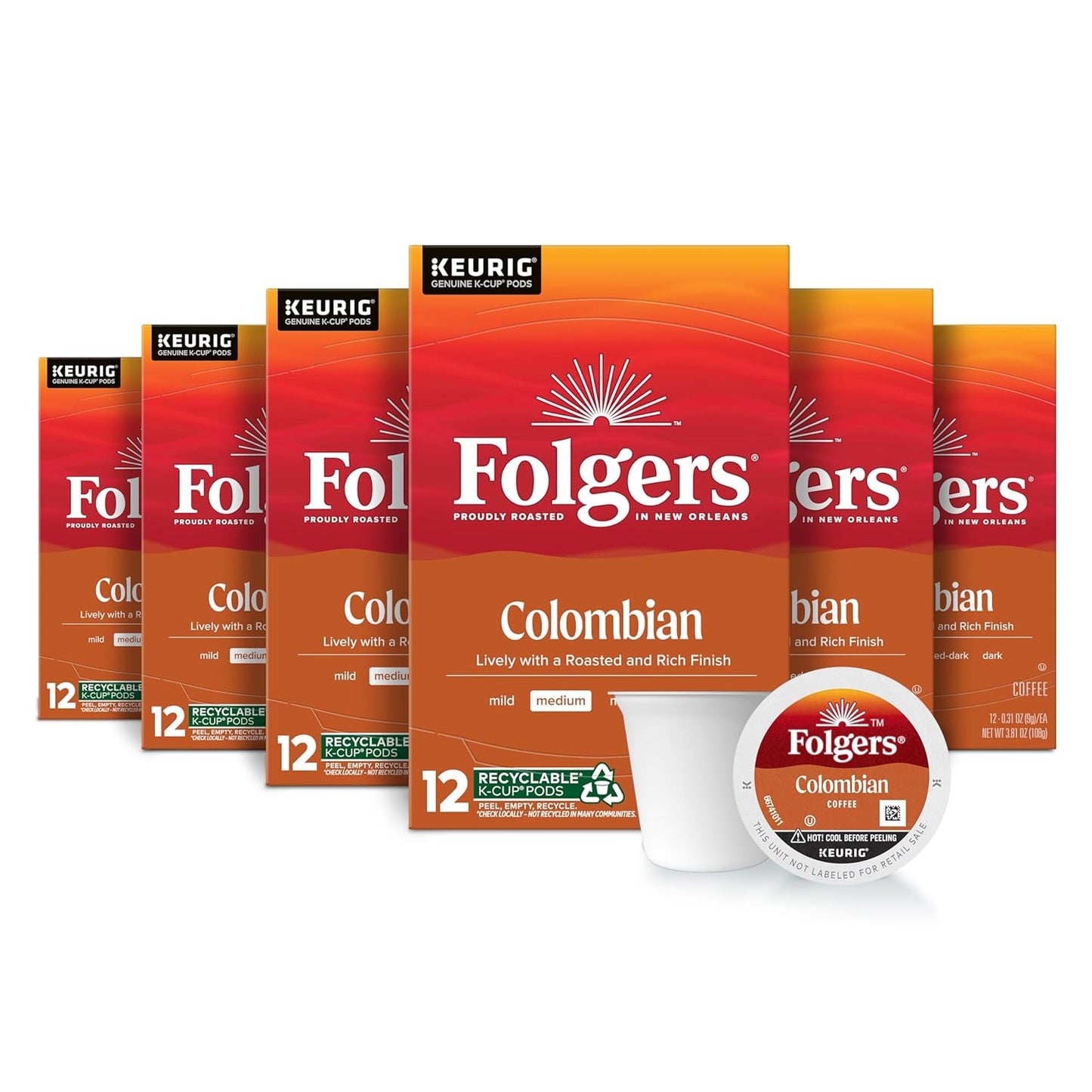 Folgers Colombian Medium Roast Coffee, 12 Keurig K-Cup Pods (Pack of 6)
