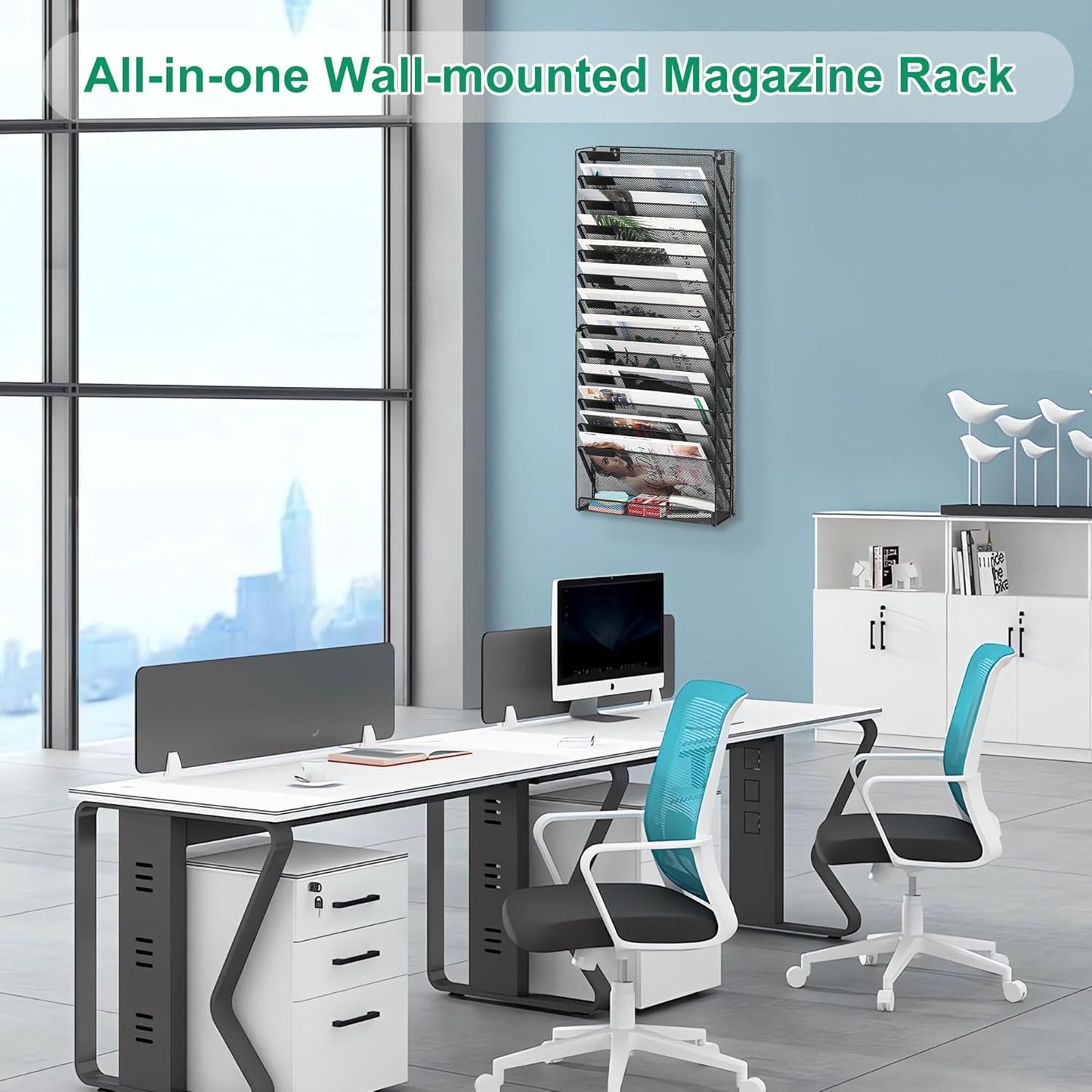 14-Tier Wall File Organizer, Hanging Mail Organizer Wall Mounted Paper Document Holder, Metal Clipboard Storage Basket for Office Home School Organization, Black