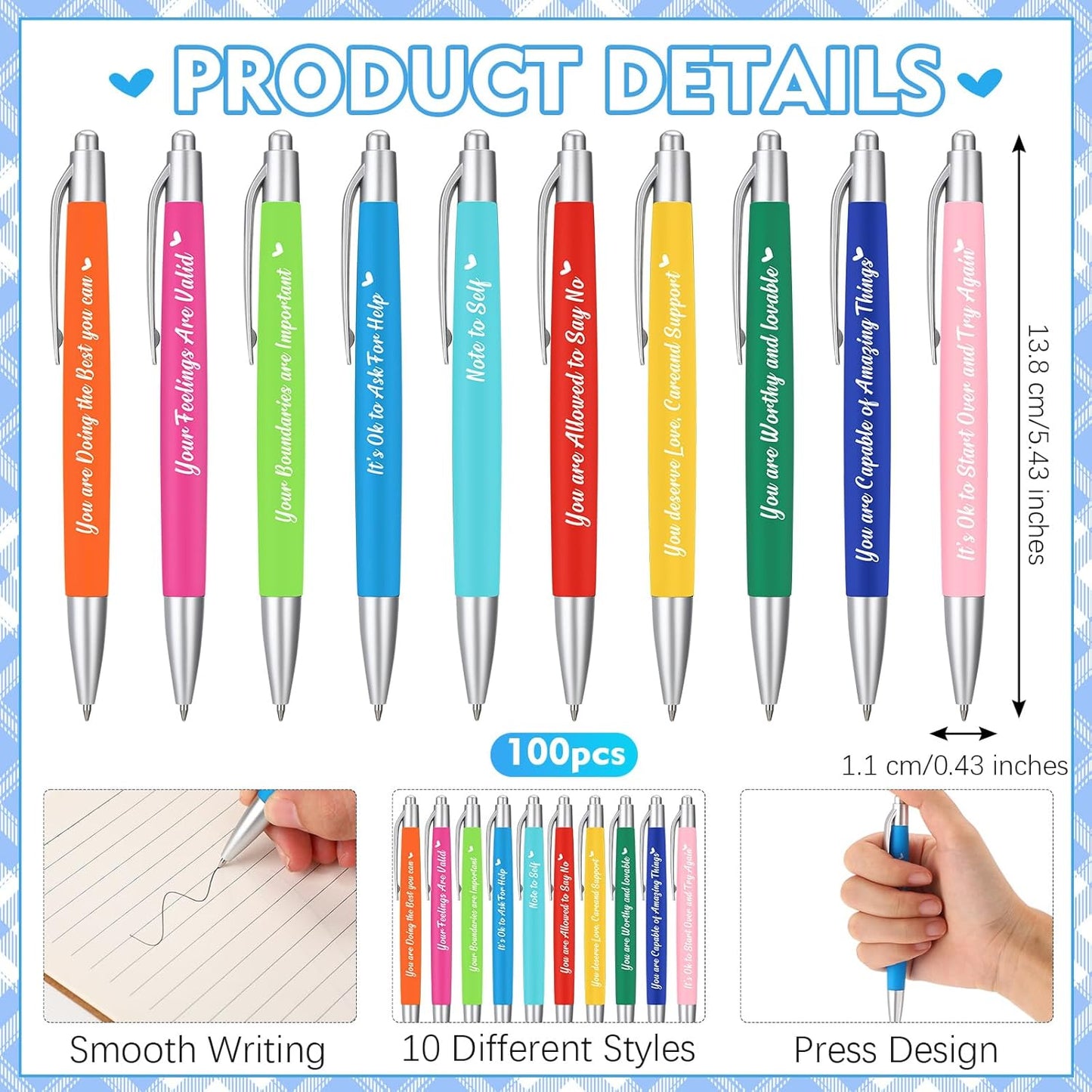 Yeaqee 100 Pcs Inspirational Pens Employee Appreciation Back to School Gifts Motivational Thank You Metal Greeting Quote Ballpoint Pen for Coworker Teacher(Multicolored,Mental Health Reminders)