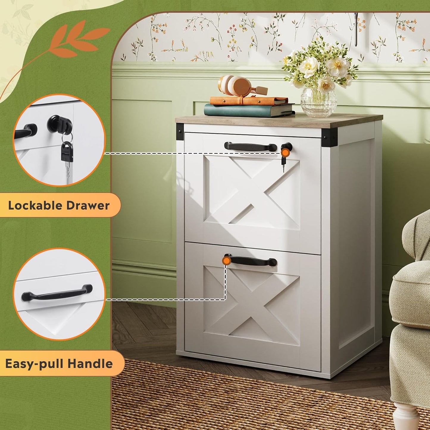 DEVAISE 2 Drawer File Cabinet with Lock, Wood Farmhouse Filing Cabinet for Home Office, Printer Stand Fits Letter and A4 Size, White