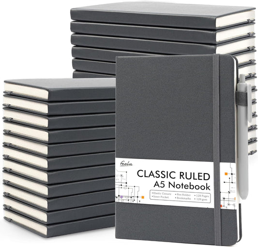 feela 24 Pack Journal Notebook for Work, Business Notebook Bulk Hardcover Lined Writing Journal with Pen Holder for Men Women Note Taking, with 24 Black Pens, 120 GSM, 5.1”x8.3”, A5, Gray