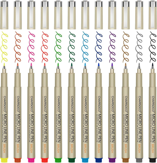 Arts Sign Brush Pen, Felt Tip Water Based Ink with 12 Colors, for Journaling, Lettering, Calligraphy, Technical Drawing and Scrapbooking
