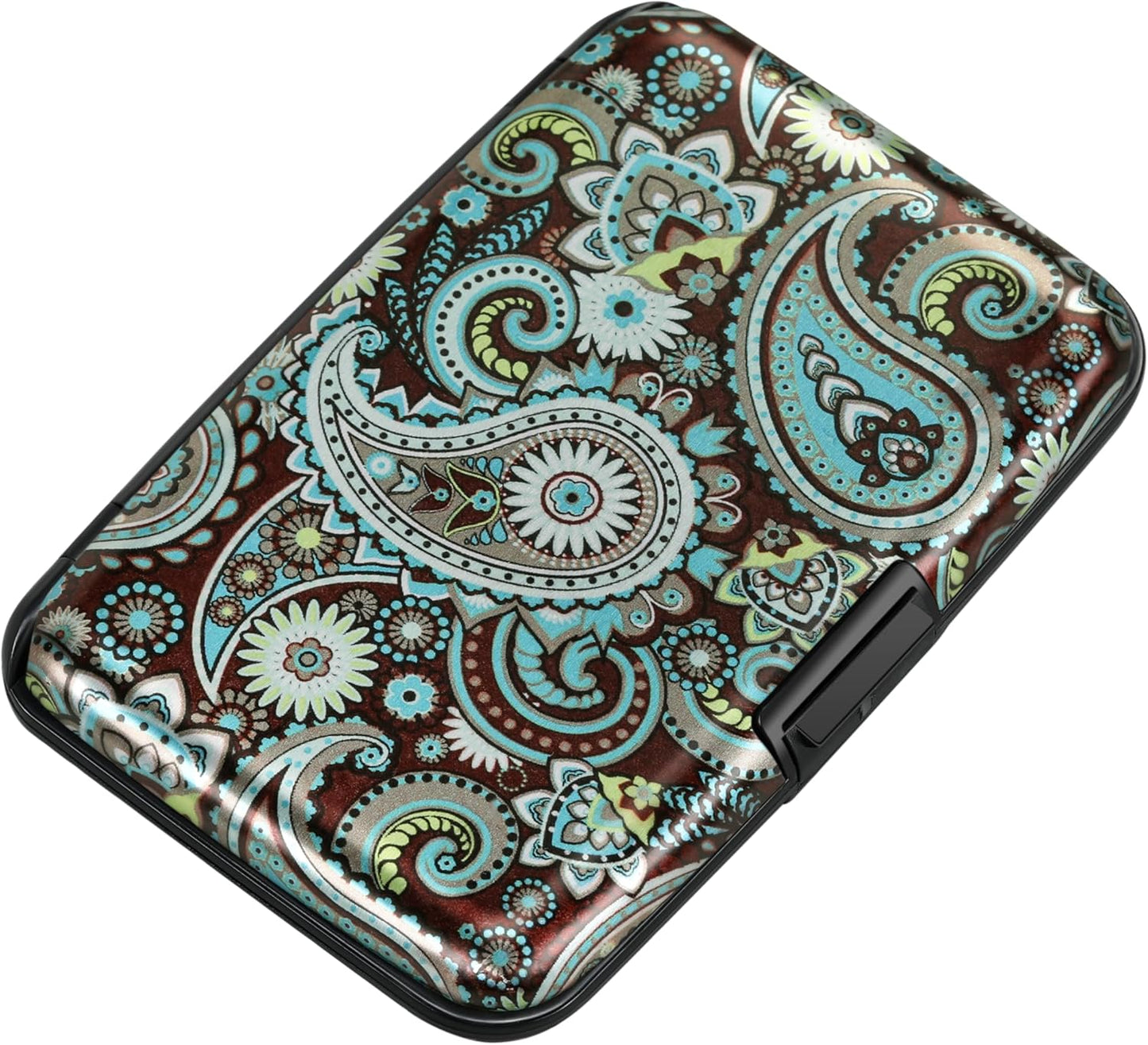 ELFISH Mini RFID Aluminum Wallet Credit Cards Holder Business Card Case Metal ID Case for Men Women (Blue flower)