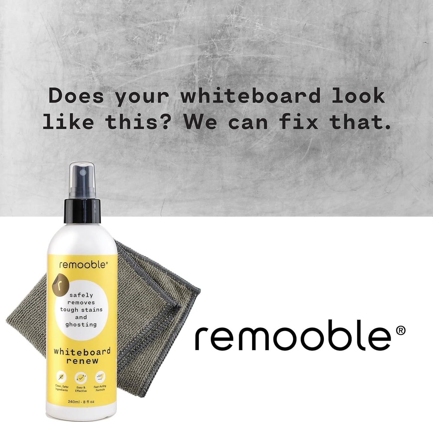 Remooble Dry Erase Whiteboard Cleaner Spray - Safely Removes Tough Stains and Ghosting, 8 oz.