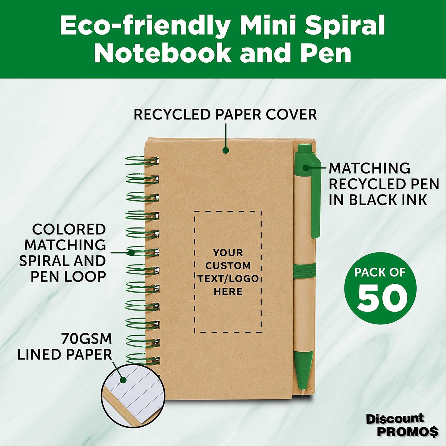 Custom Mini Spiral Notebooks with Black Ink Pens Set of 50, Personalized Bulk Pack - Perfect for School, Office, Business, Home - Green