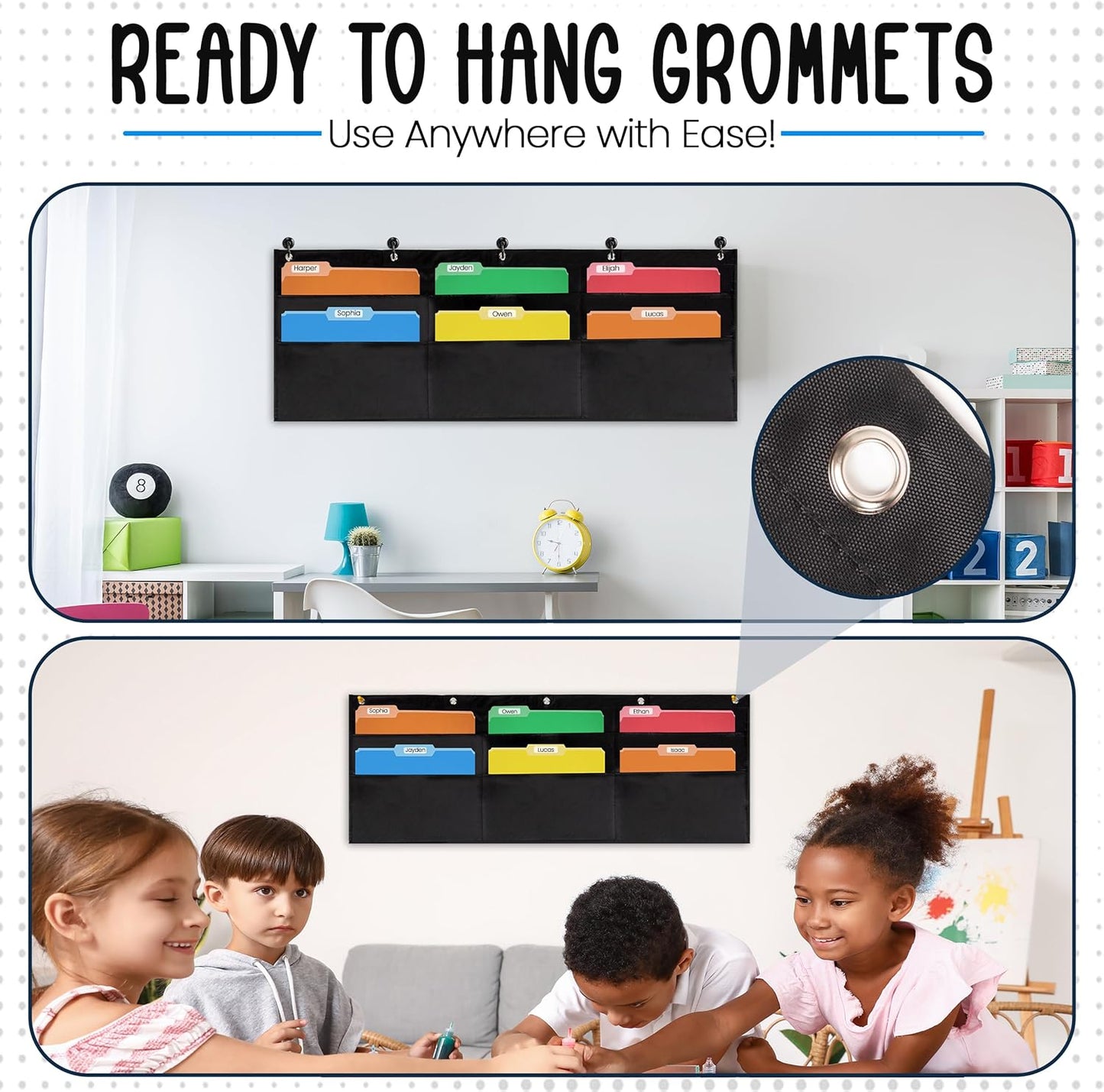 Essex Wares - 6 Pocket Horizontal File Hanging Paper Organizer for Letter Documents, Black, 42" Wide x 15.5" - Hanging Pocket File Organizer - Black Pocket Chart for Classroom & Office - 6 Pockets