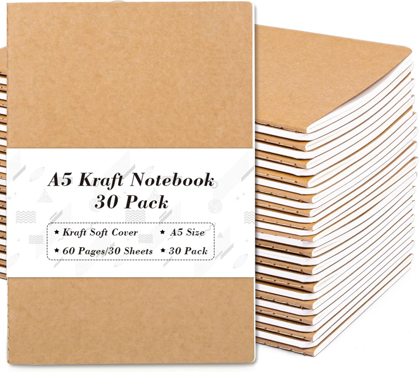 feela 30 Pack Kraft Notebooks, A5 60 Lined Pages Notebooks and Journals for Women Girls Students Making Plans Writing Memos Office School Supplies, 8.3 X 5.5 in