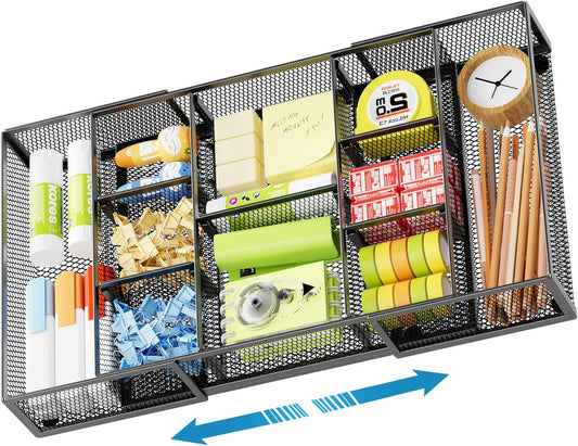 Marbrasse Expandable Desk Drawer Organizer, Mesh Drawer Organizer Tray with 10 Adjustable Compartments, Desk Organizers and Accessories for Office Supplies (Longer Expandable Drawer Organizer-B)