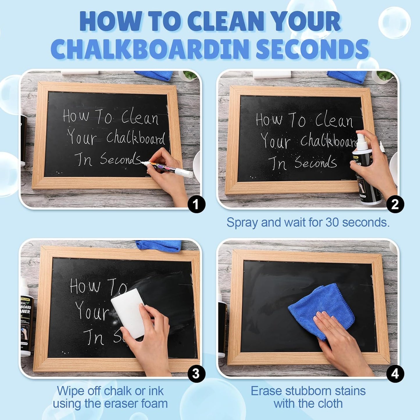 6 Sets Chalkboard Cleaner Spray and Eraser Kit 8oz Dry Erase Board Cleaner Spray Microfiber Cleaning Cloths with Sponge Erasers Liquid Chalk Markers for Whiteboard Blackboard Dry Erase Board