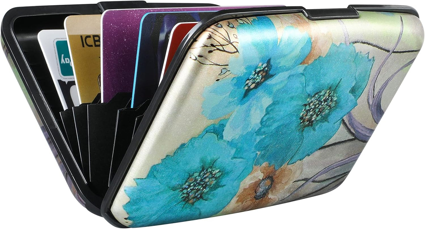 ELFISH Mini RFID Aluminum Wallet Credit Cards Holder Business Card Case Metal ID Case for Men Women(Blue Flower)