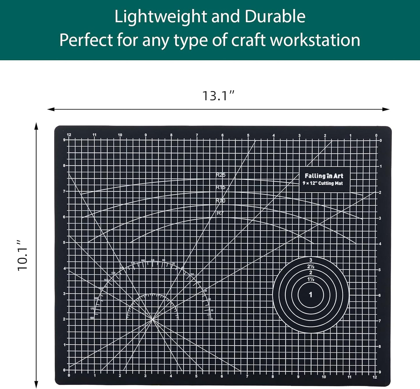 Falling in Art Self Healing Cutting Mat, 9x12" Cutting Mats for Sewing, Double-sided 5-Ply Fabric Cutting Board for Crafting, Quilting and Sewing Projects, Black