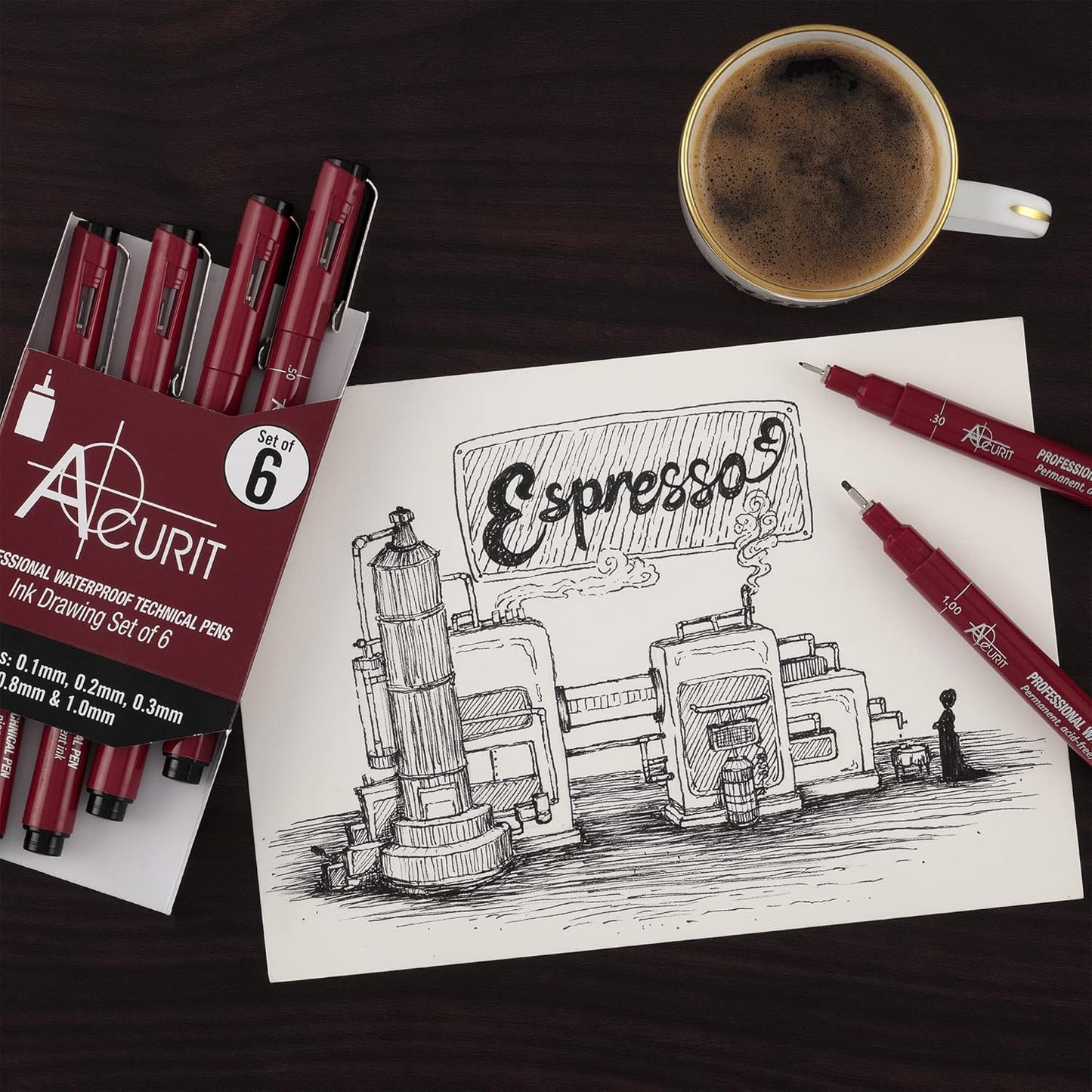 Waterproof Technical Pens - Professional Waterproof Technical Pen, Rich Blank Ink, Acid-Free, Light Fast, for Sketching, Drawing, CAlligraphy, & More! - [6-Pack - Assorted Sizes]