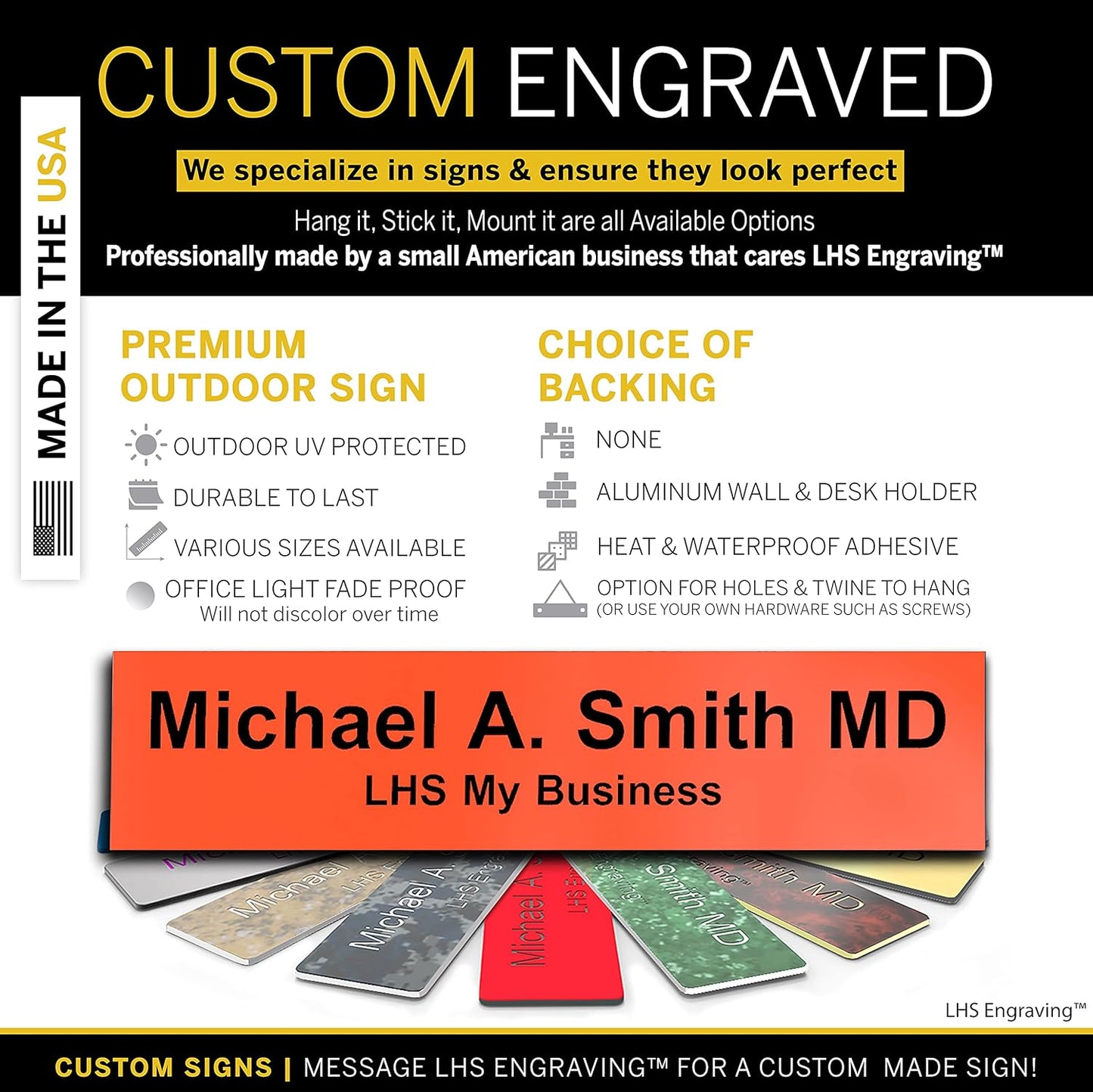 Engraved Door Signs for Office Personalized Orange Plastic Door Plaque Black Letters - Made in USA 2x4 B11