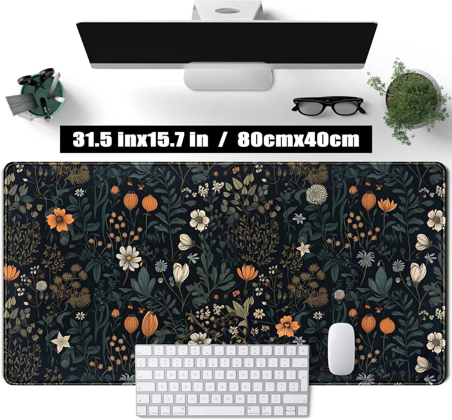 Cute Dark Floral Desk Mat Vintage Flowers Plant Mouse Pad XXL Large Extended Gaming Mousepad Women Office Decor Desk Pad, Big Laptop Computer Keyboard and Mouse Mat with Stitched Edges, 31.5x15.7 in
