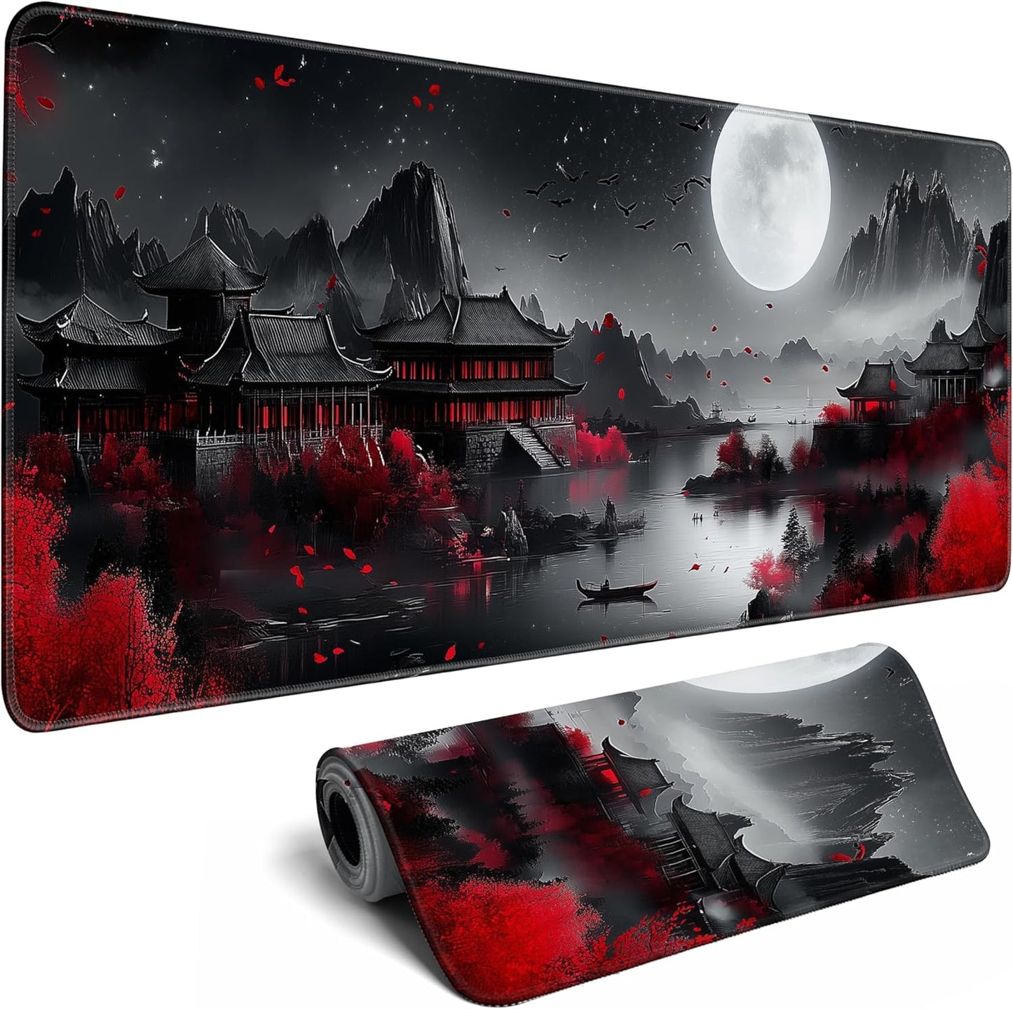 Japanese Desk Mat Riverside Full Moon Large Mouse Pad Gaming Mousepad Extended XL Keyboard Mat Computer Laptop Mouse Desktop Mat 31.5 X 11.8 Desk Decor