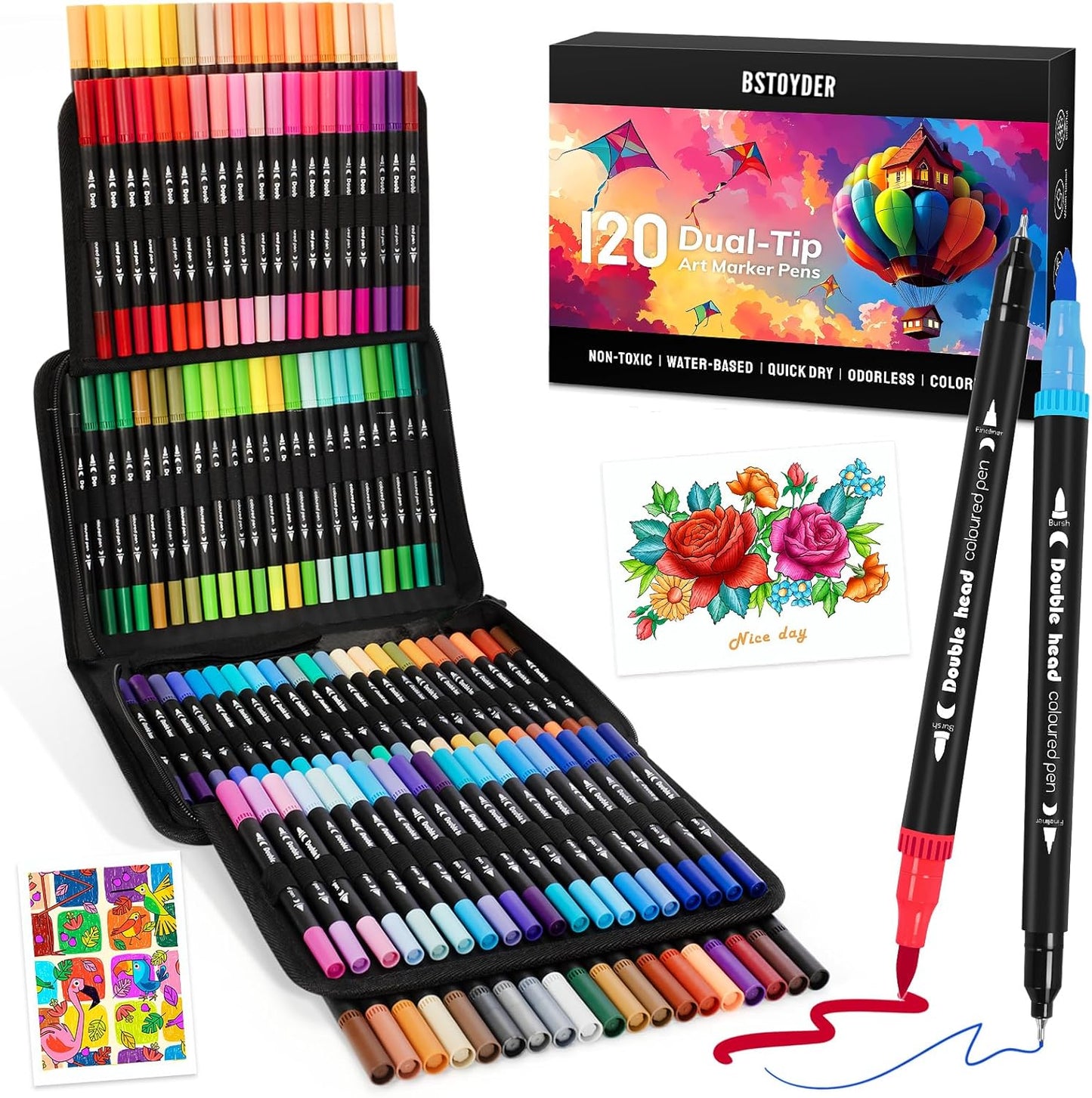 120 Colors Dual Tip Art Markers Pen for Adult Coloring Books No Bleeding, Artists Fine & Brush Tip Drawing Markers Pens for School, Journaling Painting Calligraphy Lettering Supplies for Adults Kids