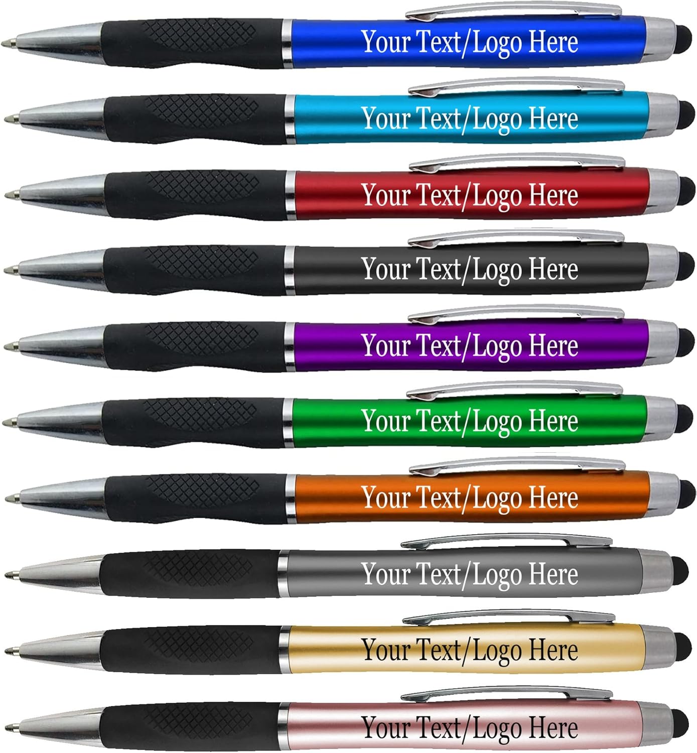 Personalized Pens With your Custom Logo or Text-300 Pack Bulk-for Businesses, Parties, and Events, 2 in 1 Ballpoint Pen + Capacitive Stylus for Touchscreen Devices, Silver Barrel, Blue Ink