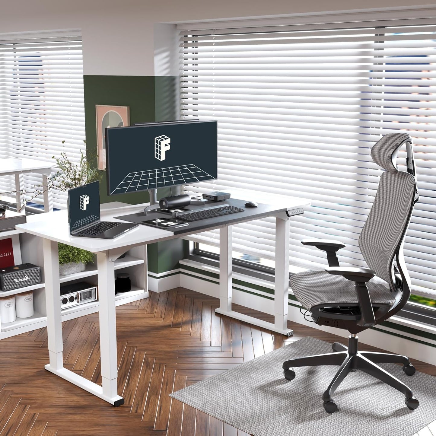 FLEXISPOT 4 Legs Standing Desk 63 x 28 Inch Electric Adjustable Height Desk with Splice Board Home Office Sit Stand Up Desk, White Top + White Frame